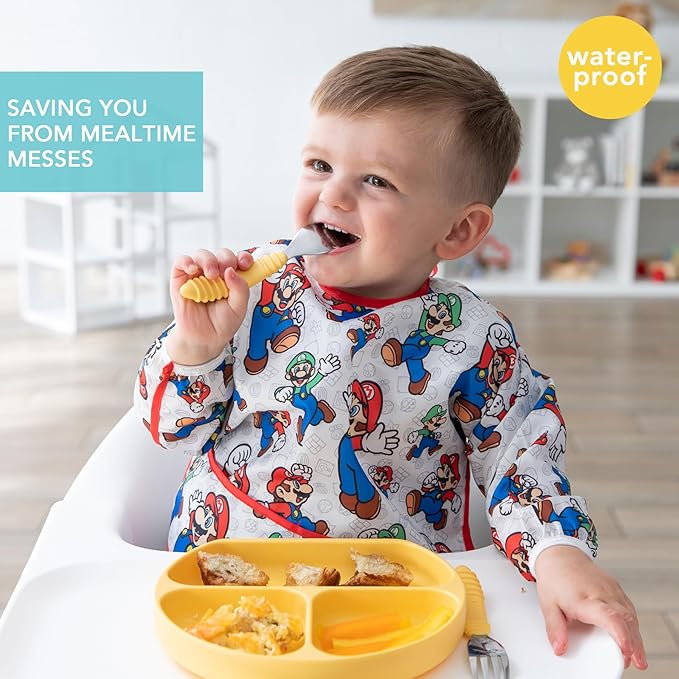 Bumkins Bibs, Baby and Toddler Girls and Boys 6-24 Months, Long Sleeve, Essential Must Have for Eating, Feeding, Mess Saving Lightweight Waterproof Fabric Sleeved Smock, Nintendo Mario and Luigi
