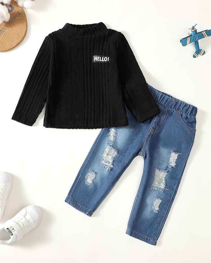 NZRVAWS Toddler Baby Boy Clothes Pullover Sweater Ripped Jean Sweatsuit Little Boy Outfit Fall Winter Clothing Set 6M-7T