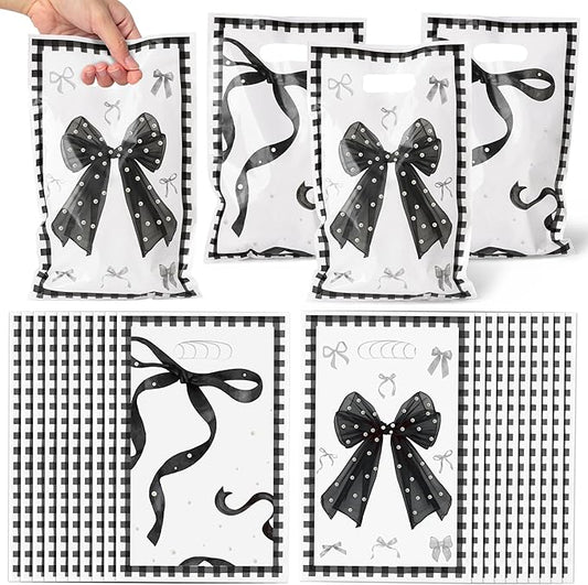 Black Bow Party Favor Bags - 50Pcs Coquette Girls Goody Candy Treat Gifts Bags, Trendy Preppy Black Bow Knot Theme Party Decorations for Women Girls Birthday Wedding Bridal Shower Bachelorette