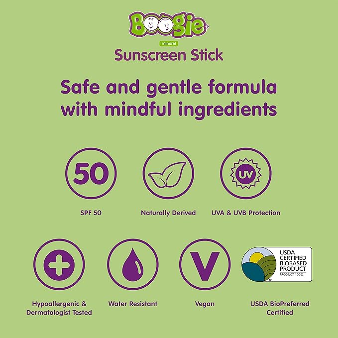 Baby Sunscreen Stick by Boogie Block, Mineral Sunscreen SPF 50, Travel Size Sunblock for Kids, Zinc Oxide, Water Resistant, Vegan, Fragrance Free Pack of 3