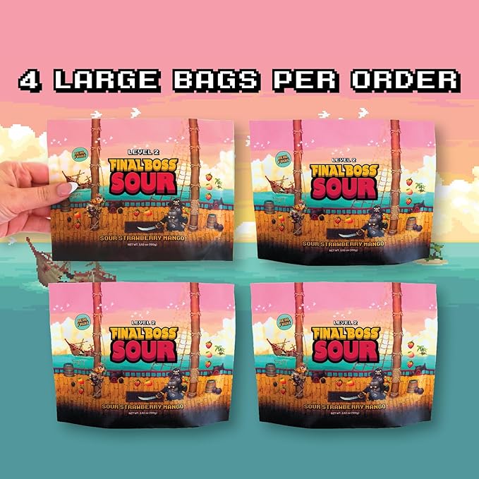 Final Boss Sour Candy, Chewy Dried Strawberry & Mango, 4 Pack, Level 2, Sour Fruit Chews with Real Dried Fruit, No Artificial Colors or Flavors, Low Calorie Snack for Kids, Teens, Adults & On The Go