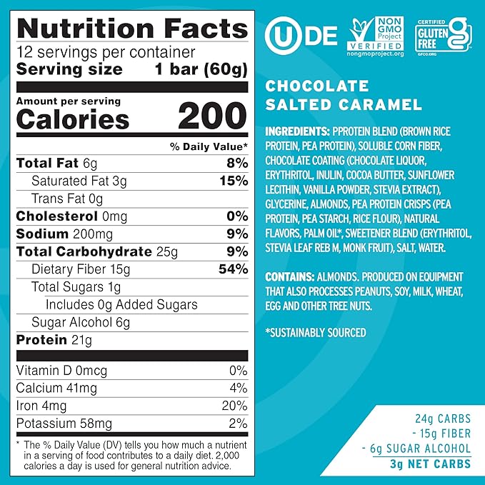 No Cow High Protein Bars, Chocolate Salted Caramel - Healthy Snacks, 20g Vegan Protein, High Fiber, Low Sugar, Keto Friendly, Dairy & Gluten Free (12 Count)