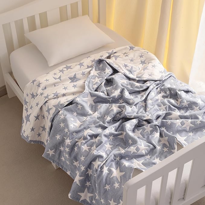 NTBAY 3 Layer Toddler Blanket, Muslin Cotton Jacquard Bed Blankets, Lightweight Thermal Baby Blanket, Super Soft and Warm Crib Blanket for All Seasons, Decoration Gift, 30"x40", Blue