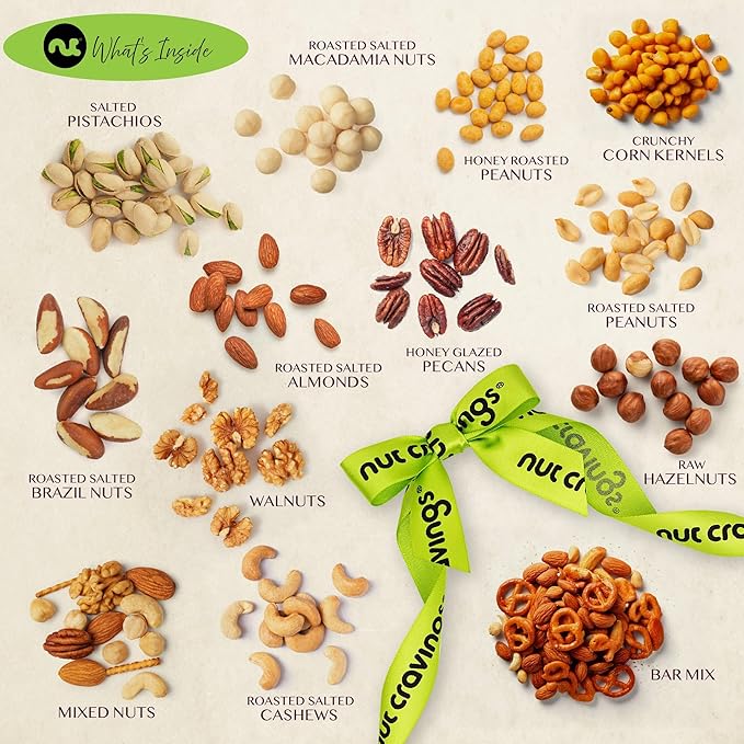 NUT CRAVINGS - Mixed Nuts Gift Basket in Reusable Diamond Wooden Tray + Green Ribbon (13 Assortments) Food Arrangement, Healthy Snack Care Package, Food Assortments
