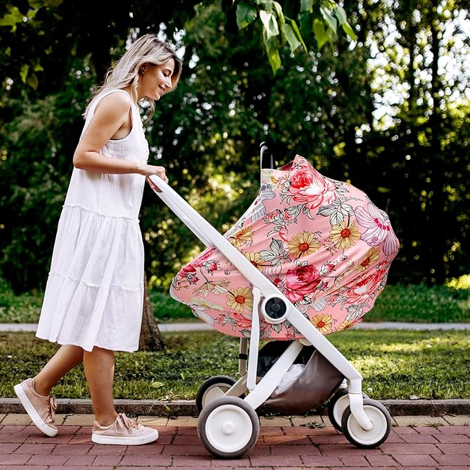 Pink Baby Car Seat Cover Girls, Infant Carseat Canopy, Stretchy Multi- use Nursing Cover for Stroller/High Chair/Shopping Cart/Car Seat Canopies (Floral)