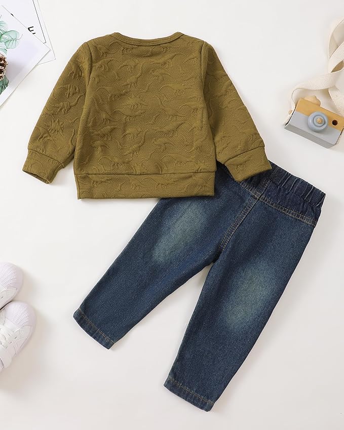 NZRVAWS Toddler Baby Boy Clothes Pullover Sweater Ripped Jean Sweatsuit Little Boy Outfit Fall Winter Clothing Set 6M-7T