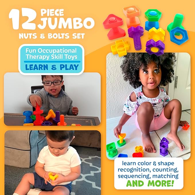 Skoolzy Rainbow Lacing Beads & Nuts and Bolts - 24 Piece Shape Sorter and 37 Piece Color Recognition Montessori Toy Sensory Bundle for 36+ Months Toddlers & Occupational Therapy Fine Motor Skills Game