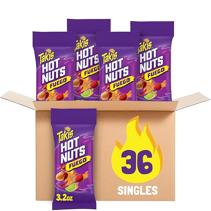 Takis Fuego Hot Nuts 36 Pack / 3.2 oz Snack Size Case, Hot Chili Pepper & Lime Flavored Extreme Spicy Double-Crunch Peanuts