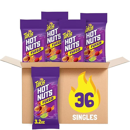 Takis Fuego Hot Nuts 36 Pack / 3.2 oz Snack Size Case, Hot Chili Pepper & Lime Flavored Extreme Spicy Double-Crunch Peanuts