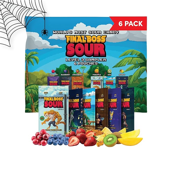 Final Boss Sour Candy, Variety Pack, 6 Packs, Level 3, Extreme Sour Fruit Chews with Real Dried Fruit, No Artificial Colors or Flavors, Low Calorie Snack for Kids, Teens, Adults & On the Go