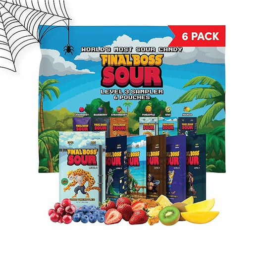 Final Boss Sour Candy, Variety Pack, 6 Packs, Level 3, Extreme Sour Fruit Chews with Real Dried Fruit, No Artificial Colors or Flavors, Low Calorie Snack for Kids, Teens, Adults & On the Go