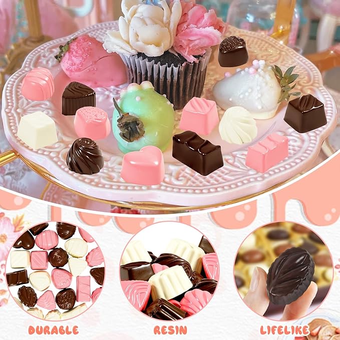 Hiawbon 24 Pcs Fake Chocolate Valentine's Artificial Food Chocolate White Pink Chocolates Mixed Color Chocolate Models Bulk Candy Chocolate Models Simulation Chocolate for Valentine's Gift DIY Crafts