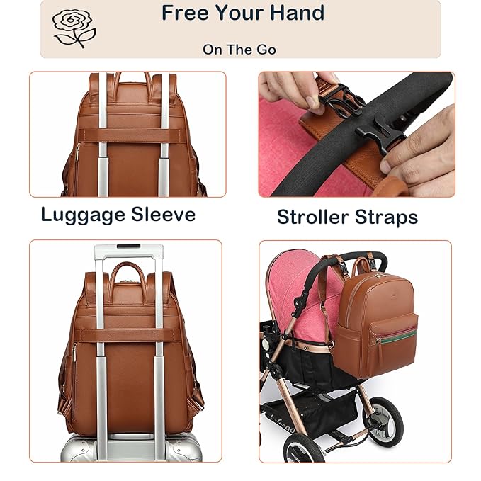 Leather Diaper Bag Backpack for Women with Multiple Pockets,Laptop Compartment and Changing Pad.