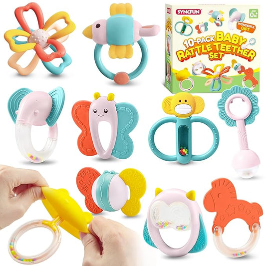 SYNCFUN Baby Toys 0-6 Months, 10 Pack Baby Teething Toys, Infant Teether, Rattles Teethers for 0-3-6-12 Months, Newborn Boy Girl Gifts