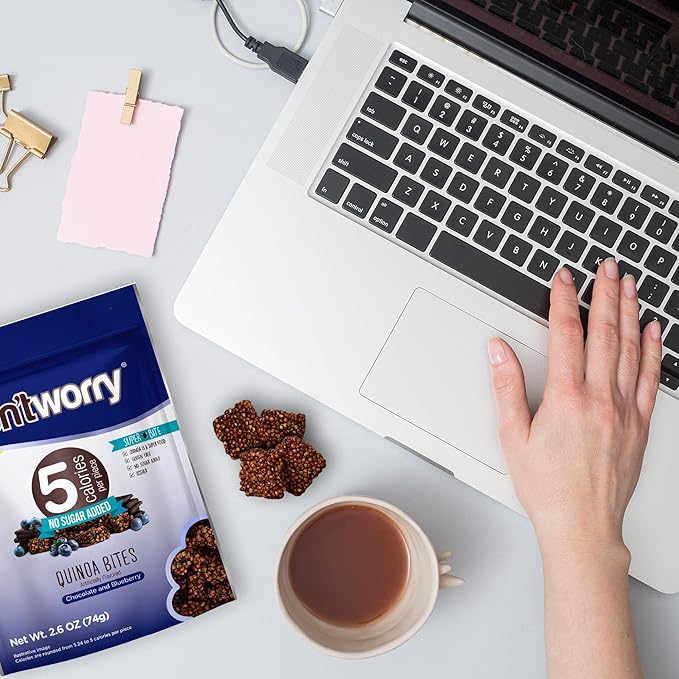 Don't Worry Chocolate, Blue Berry, Almond Quinoa Bites 4 Pack- Low Calorie Keto Snacks, Only 5 Calories Healthy Chocolate Granola Bars, Low Carb Quinoa Cookie, Gluten Free High Protein & Fiber Cookies