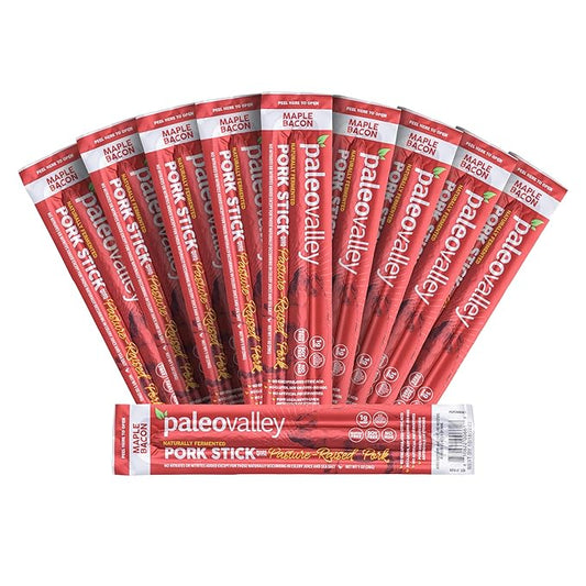 Paleovalley Pasture-Raised Pork Sticks - Maple Bacon Flavor Meat Sticks Individually Wrapped, 28g - 10 Sticks - Gluten-Free Protein Snack