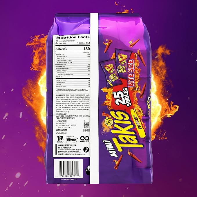 Takis Fuego Mini 25 pc / 1.23 oz Bite Size Multipack, Hot Chili Pepper & Lime Flavored Extreme Spicy Rolled Tortilla Chips (Pack of 2)