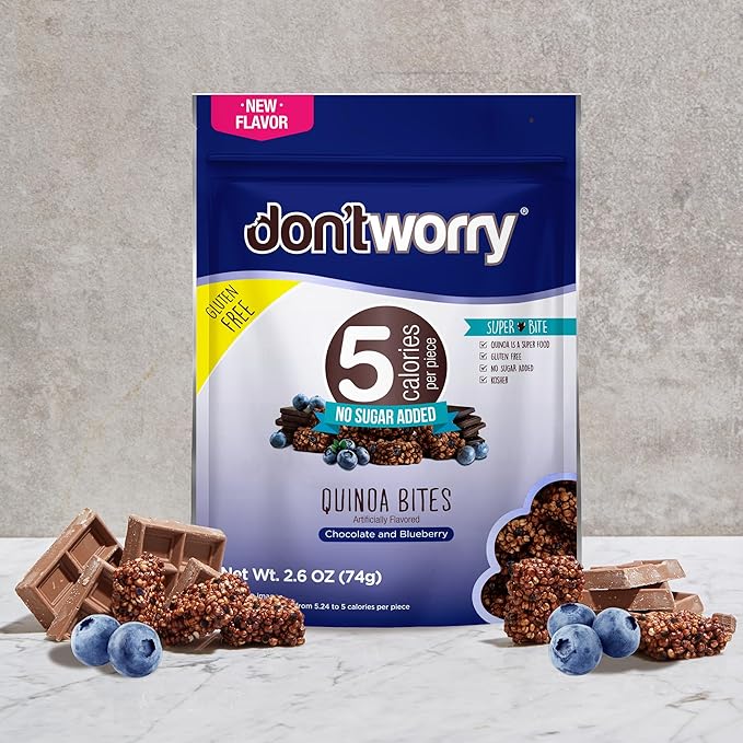 Don't Worry Chocolate, Blue Berry, Almond Quinoa Bites 4 Pack- Low Calorie Keto Snacks, Only 5 Calories Healthy Chocolate Granola Bars, Low Carb Quinoa Cookie, Gluten Free High Protein & Fiber Cookies