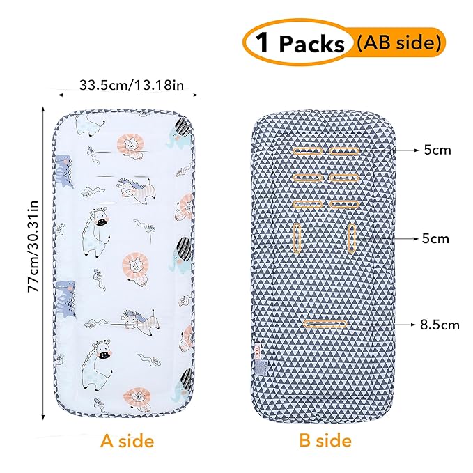 Baby Stroller Cushion,Infant Car Seat Insert-Reversible Universal Breathable and Soft Newborn Stroller Mat,100% Cotton Cover Toddler Seat Pad Liner-34x78cm,1 Pack(Lion Dinosaur)