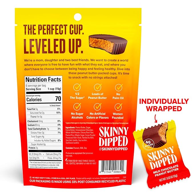 SkinnyDipped Milk Chocolate Peanut Butter Cups, 4g Sugar, Low Sugar, Low Carb, Gluten Free, 3.2oz Bag, 4 Pack (24 Cups Total)