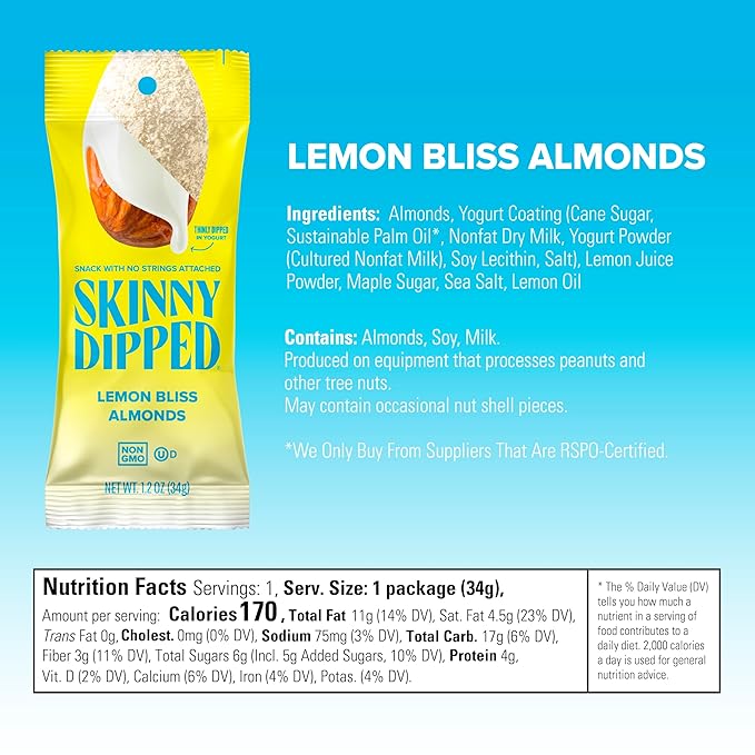 SkinnyDipped Lemon Bliss Almonds, Chocolate Covered Almonds, Low Sugar, Gluten Free, Healthy Snack, 1.2 Ounce Bags (Pack of 15)