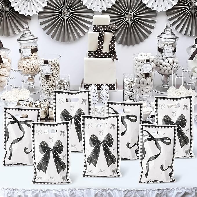 Black Bow Party Favor Bags - 50Pcs Coquette Girls Goody Candy Treat Gifts Bags, Trendy Preppy Black Bow Knot Theme Party Decorations for Women Girls Birthday Wedding Bridal Shower Bachelorette