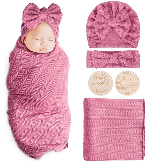 Newborn Receiving Blanket with Bow Hat Headband Wooden Card Set Wheat-Pattern Newborns Toddler Baby Boy Girl Nursery Swaddle Wrap