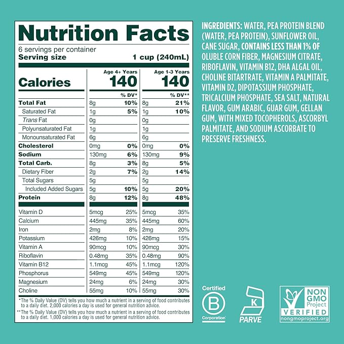 Ripple Plant Based Milk | 8g of Pea Protein | Shelf Stable | Vegan & Non GMO | Dairy, Soy, Nut, Gluten, & Lactose Free ((Pack of 6), Kids Original)