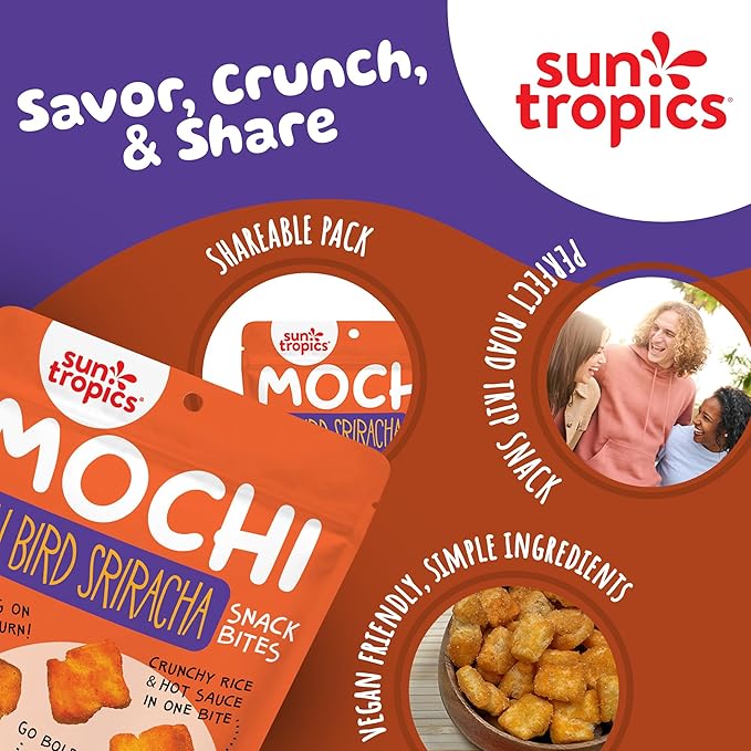 Sun Tropics Mochi Snack Bites, Thai Bird Sriracha Flavor- 3.5 oz (6 Pack)| Crispy Spicy Mochi Bites, Rice Nuggets | Mochi Puff Rice Crackers- Gluten Free & Dairy Free- No MSG Added | Asian Rice Snacks