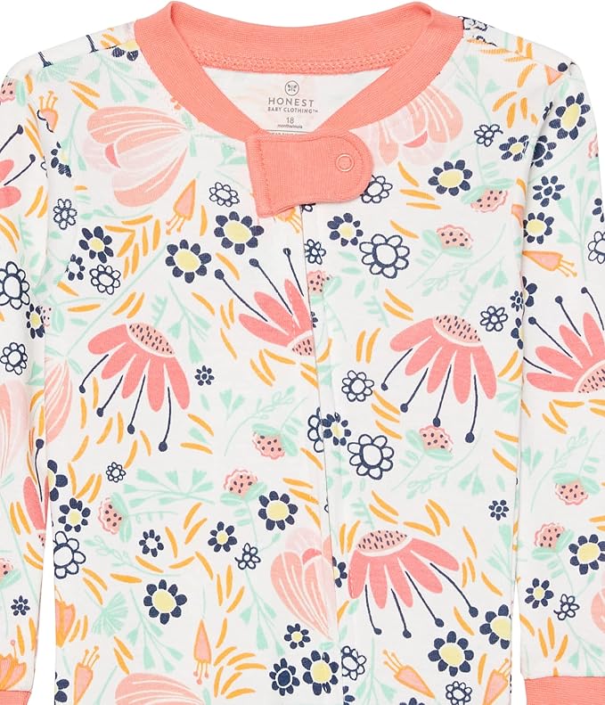 HonestBaby Non-Slip Footed Pajamas One-Piece Sleeper Zip-Front Pjs 100% Organic Cotton for Baby Girls