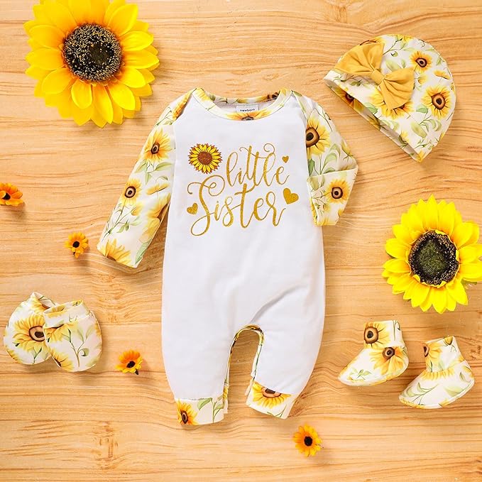 Sinhoon Newborn Baby Girl Romper Infant Letter Print Bodysuit Jumpsuit+Hat+Gloves+Socks 4Pcs Coming Home Clothes Outfit