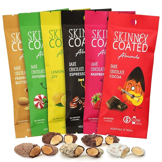 Skinny Coated Almonds Chocolate Snacks Multiple Flavors - Lemon, Dark Chocolate Peanut Butter, Raspberry, Peppermint, Chocolate Espresso Sweet Snacks - Gluten Free & Kosher, 1.2Oz Bag, 6g of Protein.