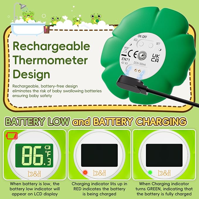 b&h Rechargeable Baby Bath Thermometer, Floating Safety Toddlers Bathtub Thermometer for Accurately Measuring Toddler’s Tub Water Temperature, Newborn Shower Essentials, Cute Frog
