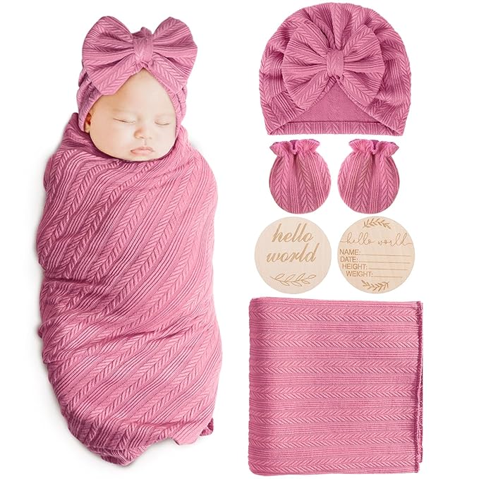 Newborn Receiving Blanket with Bow Hat Mittens Wooden Card Set Wheat-Pattern Newborns Toddler Baby Boy Girl Nursery Swaddle Wrap
