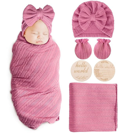 Newborn Receiving Blanket with Bow Hat Mittens Wooden Card Set Wheat-Pattern Newborns Toddler Baby Boy Girl Nursery Swaddle Wrap