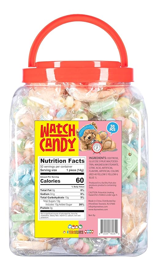 50 Candy Bracelet Watches Individually Wrapped, Taste Nostalgia with our Playful and Delicious Candy Jewelry, Perfect for Party Favors, Goody Bags and Birthdays, by 4YoreElves, Pack of 50 x 0.42oz