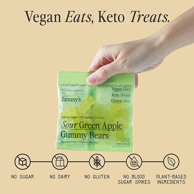 Jammy's™ - Sour Green Apple Gummy Bears | Sugar-Free & Vegan-Friendly | Keto-Friendly, Gluten-Free, Low Carb, High Fibre & Naturally Fruity | Delicious, Soft & Chewy | Box of 6 x 50g Bags