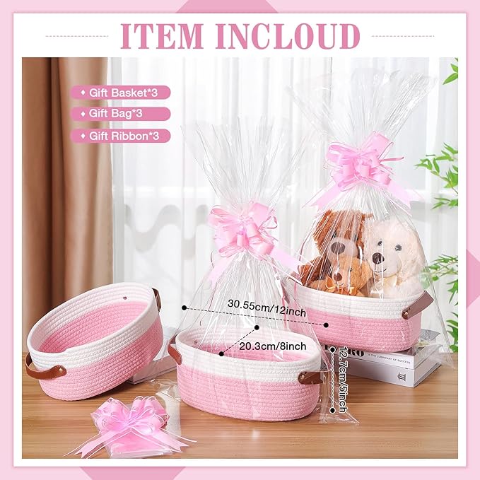 Colingmill 3 Pack Small Woven Basket for Gifts with Handles Clear Bags and Ribbons Empty Storage Basket Decorative Chest Box for Halloween Thanksgiving Day Birthday(White and Pink,12"x 8"x 5")