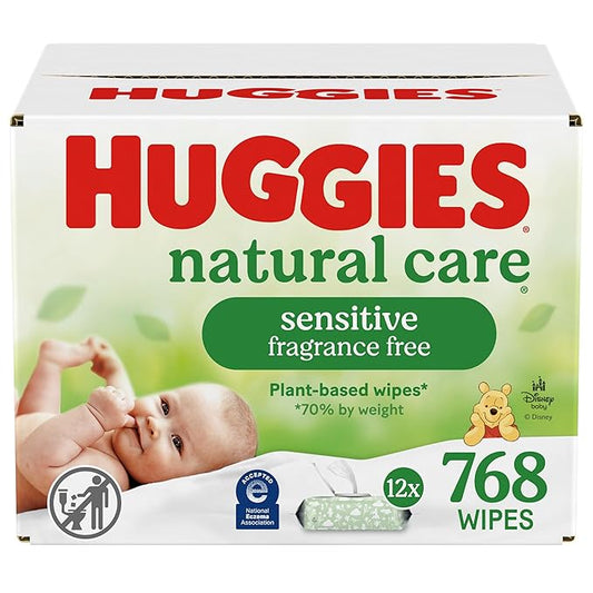 Huggies Natural Care Sensitive Baby Wipes, Unscented, Hypoallergenic, 99% Purified Water, 12 Flip-Top Packs (768 Wipes Total), Packaging May Vary