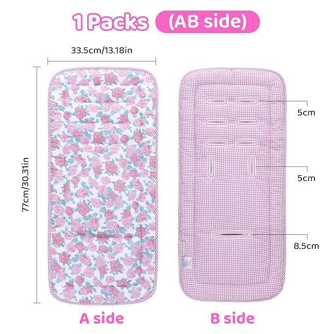 Baby Stroller Cushion,Infant Car Seat Insert-Reversible Universal Breathable and Soft Newborn Stroller Mat,100% Cotton Cover Toddler Seat Pad Liner-34x78cm,1 Pack(Pink Rose+Pink Plaid)