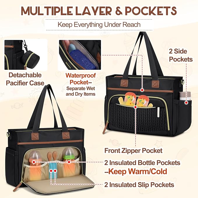 RAINSMORE Diaper Bag Tote, Large Diaper Baby Bag Waterproof Multifunctional Diaper Bag with Pacifier Case & Changing Pad
