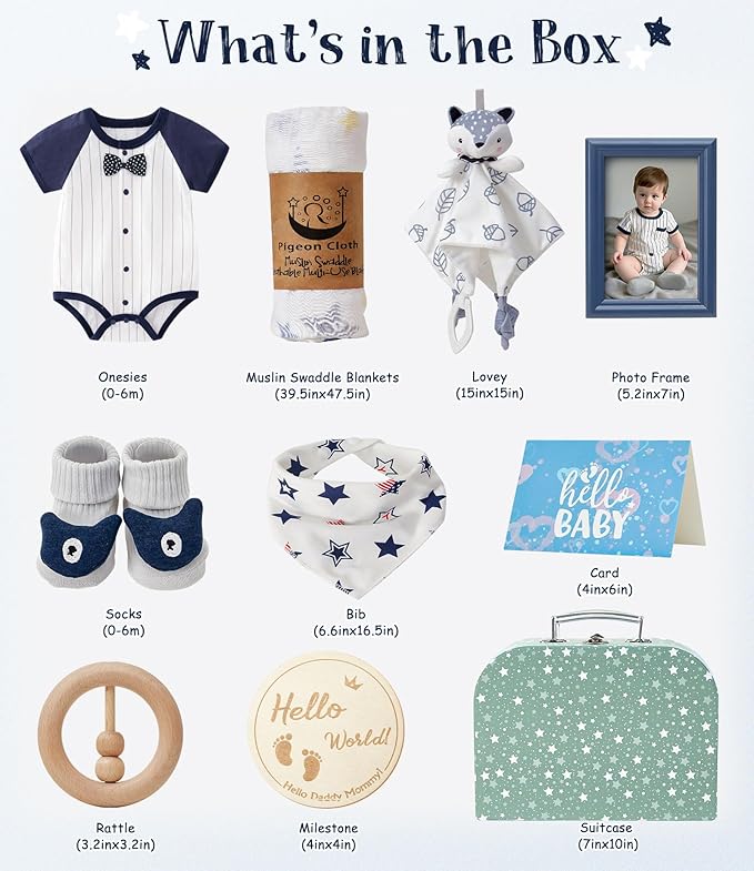 Golray Baby Boy Gifts for Baby Shower, 10pcs Newborn Essential with Fox Lovey/Blanket/Onesie/Wooden Rattle/Socks/Bib/Suitcase, Welcome Baby Gift Box Gender Reveal Infant Boy Gift Basket Set 0-6 Month