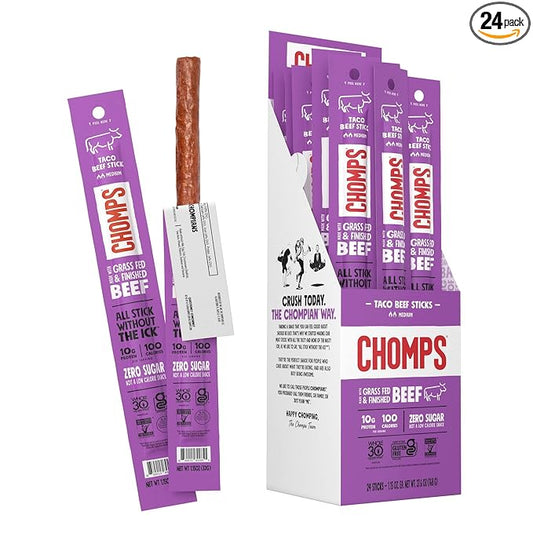 Chomps Grass-Fed Taco Beef Jerky Snack Sticks 24-Pack - Keto, Paleo, Whole30, 10g Lean Meat Protein, Gluten-Free, Zero Sugar Food, Non-GMO