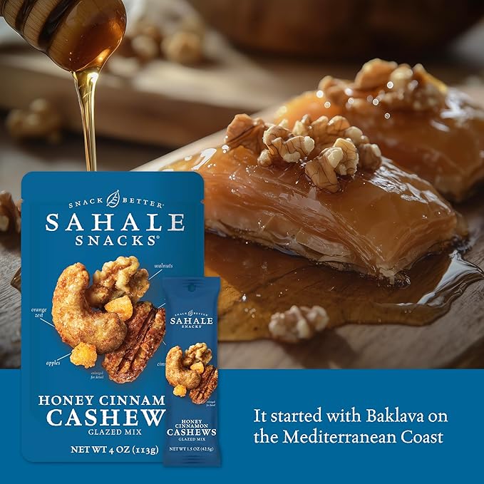Sahale Snacks Honey Cinnamon Cashews Glazed Mix, 1.5 oz Bags (18 Packs) - Dry-Roasted Deluxe Mixed Nuts - Walnuts, Pecans & Dried Apples - Non-GMO, Kosher, & Certified Gluten-Free Snacks