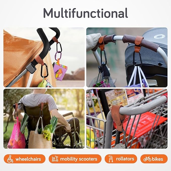 Baby Uma Baby Stroller Hooks - 2-Pack of Leather-Style Stroller Accessories, Non-Slip Stroller Clips, Carry 11 lbs per Stroller Bag Hook, Universal Hooks, 2 x Stroller Carabiner Clip (Camel)