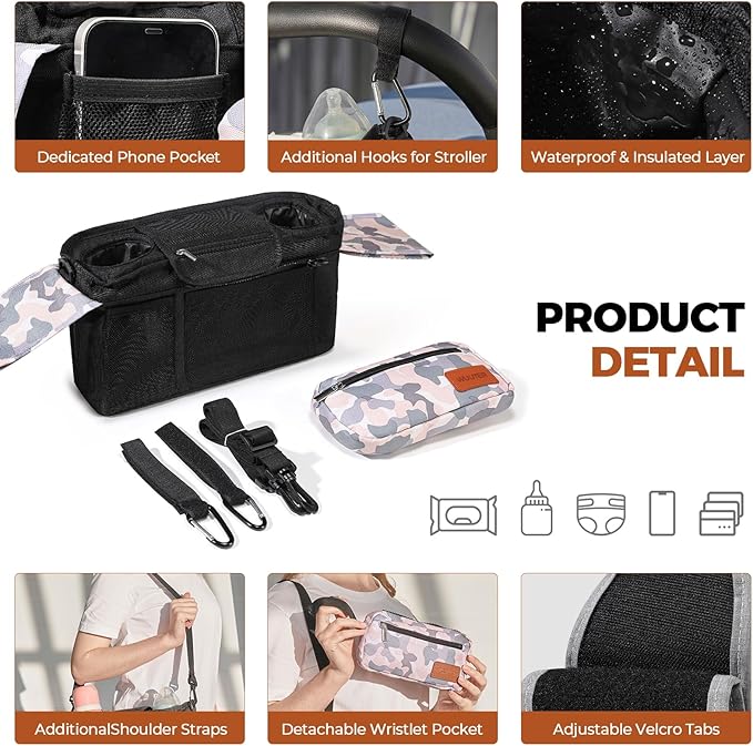 Universal Stroller Organizer with Cup Holder & Detachable Wristlet Large Baby Stroller Bag for Mom, Uppababy, Baby Jogger, Britax, BOB & Umbrella Strollers (Multicolor)