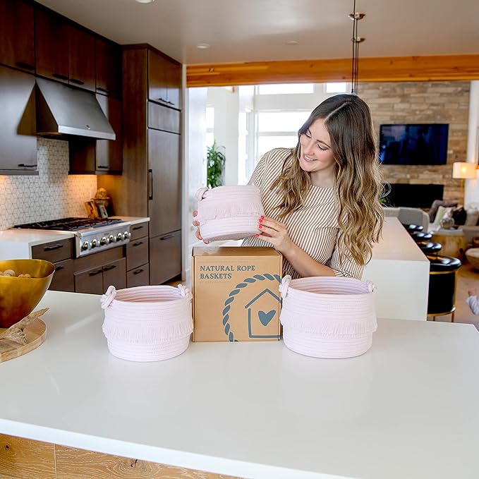 NaturalCozy 3-Piece Decorative Storage Basket Set – Pink Cotton Rope Small Woven Baskets for Organizing for Nursery Baby Stuff, Gift, Vanity, Montessori, Dog Cat Toy Bin, Planter, Bathroom Shelves