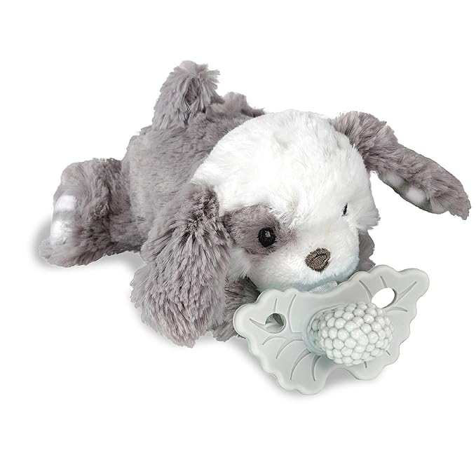 RaZbaby Puppy RaZbuddy w/RaZberry Teething Relief Pacifier – Soothes Sore Gums w/Nature-Inspired Texture, 100% BPA-Free Silicone Teether, Detachable Stuffed Animal – 3 Months+ Teether, Cookies&Cream