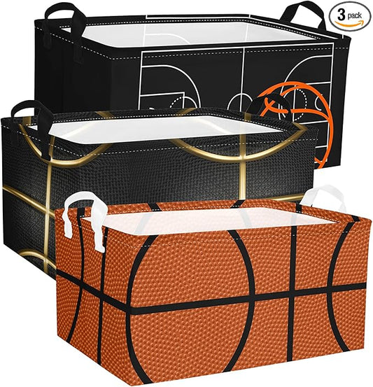 Basketball Shelf Basket, Kids Boys Ball Storage Basket Bins Box with Handles, Boys Sports Decor for Room Nursery 3 Pcs Set(Basketball)