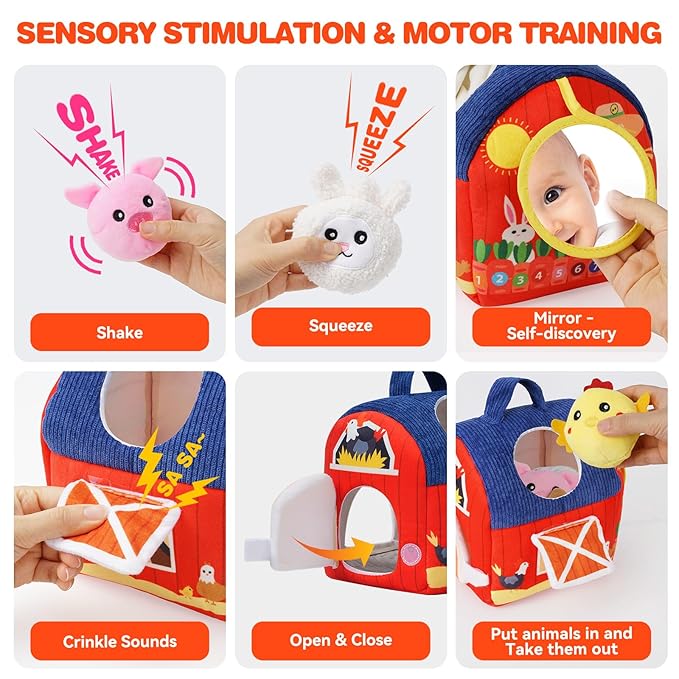 Soft Barn Baby Toys 6-12 Months with Stuffed Farm Animals, Rattle Squeaky Crinkle Sound & Mirror, Montessori Sensory Plush Infant Toy for 6 7 8 9 10 11 Month, 1 Year Old Baby Boy Girl Birthday Gifts